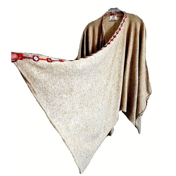 BUNAI Sequin Knit Billowy Women Cardigan Shawl Poncho Open Front Beige FREE SIZE